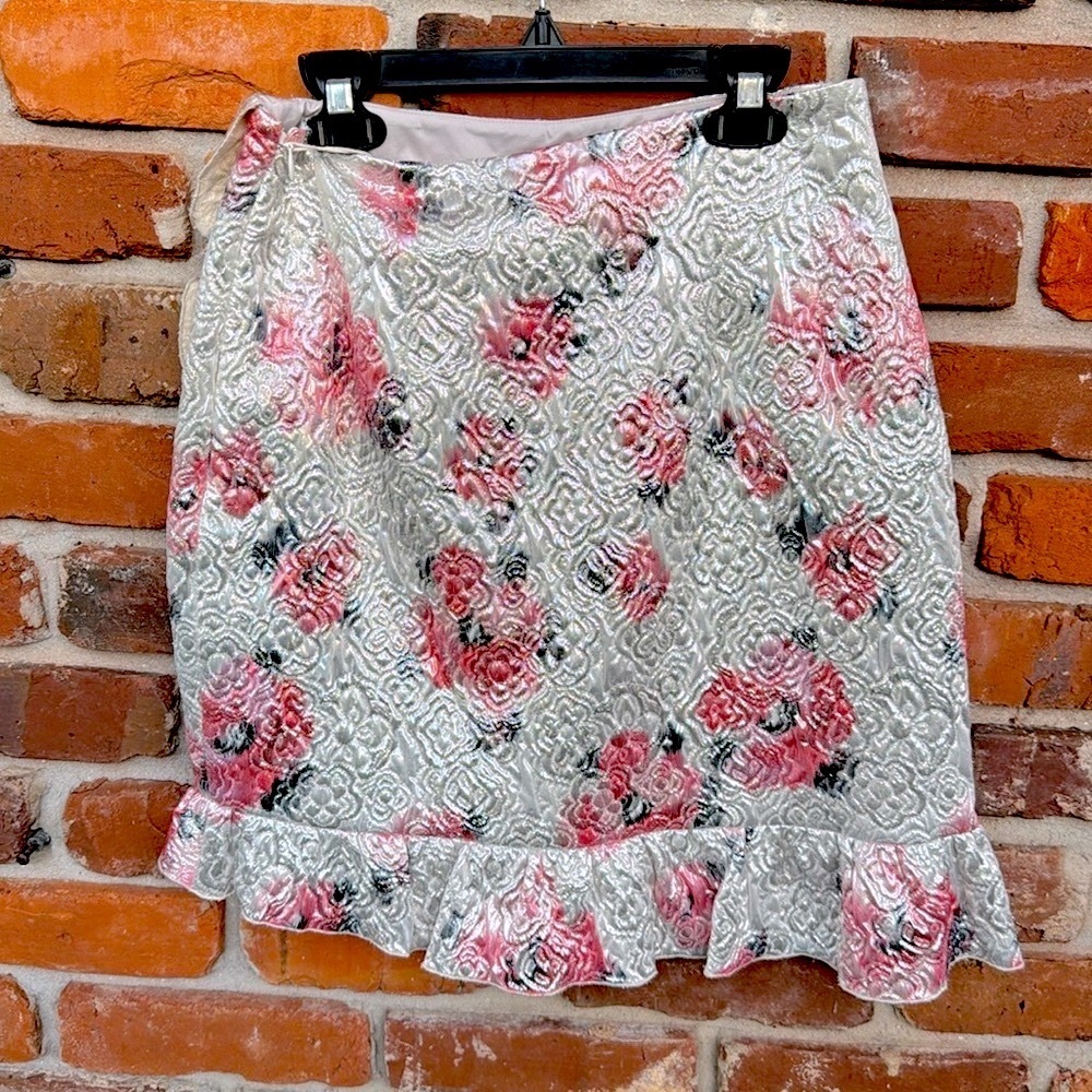 Alexa Chung Silver Metallic Roses Brocade Ruffled  Lined Zip Mini Skirt 8 NWT